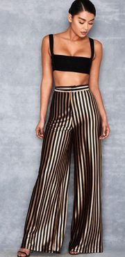 - High Waisted Gold And Black Velvet Wide Leg Pants, Size M