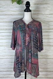 Robert Louis Pink Turquoise Paisley Sheer Cold Shoulder Blouse