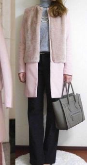 ZARA Basic Light Pink Wool Fur Pea Coat size XS Barbie pink fur coat