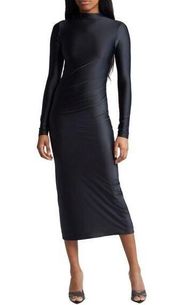 GOOD AMERICAN Satin Shine Funnel Neck Midi Dress in Black 001 Large Womens