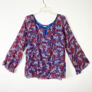 Shoshanna Blue Multicolored Floral Silk Long Sleeve Blouse Top Size 10