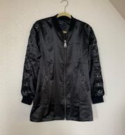 Love Tree Black Satin Lattice Bomber Jacket