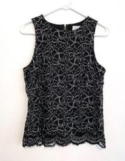 NEW NWT ELLE Black Floral Lace Silver Metallic Sleeveless Scalloped Tank Blouse