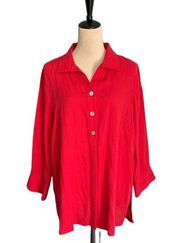 Multiples Half Button Down Relaxed Tunic Red Shirt Medium Casual Career