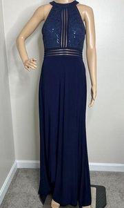 NW Nightway Navy Blue Halter Maxi Gown Dress