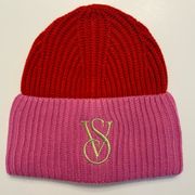 Victoria’s Secret VS Knit Hat Beanie Toboggan Pink Red Gold Winter Embroidered