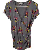 Boden Jersey Wrap Top Floral Surplice Deep V Neck Side Ruched Casual Gray 8R