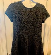 Loft  fit and flare gray black patterned dress 6