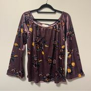 It's Our Time Purple Velvet Floral Off the Shoulder Bell Sleeve Top Size M