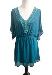 Sage Turquoise Crochet Tunic Dress Elastic Waist Semi Sheer Size Medium