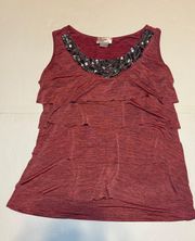 Maroon Ruffle Beaded Tank Top Womens Size Small