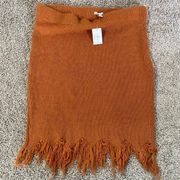 NWT Cato Women's Burnt Orange Knit Ribbed Skirt Fringes Tan Stretch Comfort Midi