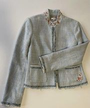 Cache Sky Blue Tweed Jacket Rhinestone Neckline Size 12