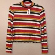 CAUTION TO THE WIND Size M Striped Cropped Turtleneck Sweater Pink Gold Ivory