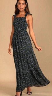 XL NEW Glad to Meet You Black Floral Print Tie-Strap Tiered Maxi Dress