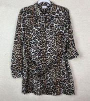 Jaclyn Smith Size L Long Sleeve Button Front Shirt Dress Leopard Print Belted