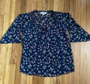 Sheer Navy Floral Peasant Bohemian Flowy Spring Summer Style Blouse