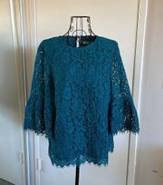 teal lace bell sleeve blouse