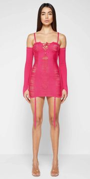 LADDERED KNIT MINI DRESS WITH SLEEVES - PINK