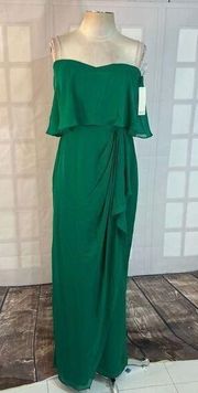 Badgley Mischka NWT Kelly green sweetheart flounce silk chiffon gown size 10