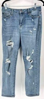 Judy Blue Women's Distressed High-Rise Boyfriend Fit Jeans Blue Denim Size 30