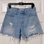 Madewell Relaxed Mid Length Button Front Denim Shorts Distressed Size 25