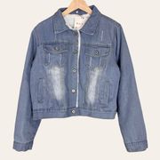 NWT Jean Jacket Faux Sherpa Lining Fuzzy White Distressed Fading Blue Denim Coat