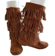 Makalu Womens 6 Boot Flat Moccasin festival Boho 3 Layer Fringe Leather suede