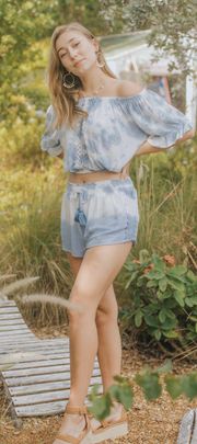 Crochet Trim Shorts by  - Blue & White Tie Dye