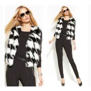 Michael Kors Houndstooth Black White Open Front Faux Fur Vest Large