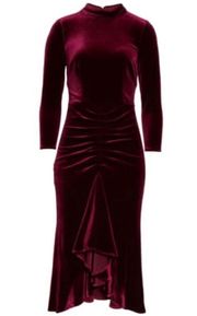 Eliza J Ruched Velvet Midi Ruffle Dress in Burgundy