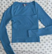 Blue Square Neck Long Sleeve Top