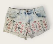 Hot Kiss Shorts Women 8 Blue Denim Cici Mid Rise Aztec Bohemian Pockets Tribal