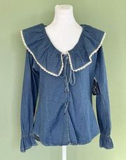 Vtg Denim Shirt Big Lace Collar Cottagecore Cowgirl Granola Girl Lace Up Sz L M