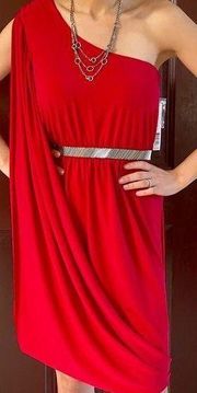 One Shoulder Red Holiday Dress Beaded Empire Waist w Infiniti Cape