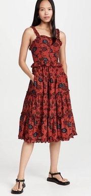 Ulla Johnson Adyna Midi Dress in Red Poppy Floral Ruffled Tiered Size 6