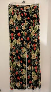 Floral Tropical Wide Leg Pants with Pockets, Elastic Back Waist Band and Tie Waist Front - Size 2