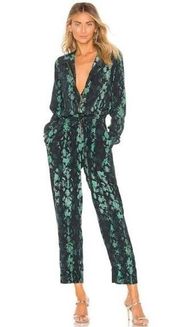 Cleobella Lia Jumpsuit In Teal Green Snake Print Long Sleeve Zip Up Size Small