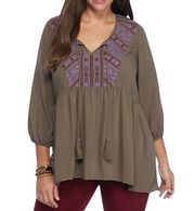 Olive green peasant top with purple stitching size 0X