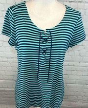 CHAPS T-Shirt w Laced Bust Teal/Navy Stripes-XL