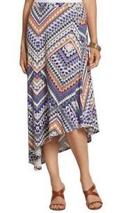 Chicos Womens Tribal Ikat Asymmetrical Midi Skirt L 12 Multicolor Jersey Stretch