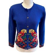 Susan Bristol Vintage Hand Embroidered Floral Blue Cardigan Sweater Size Small