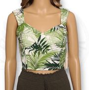 Midnight Sky Linen Blend Smocked Palm Print Cropped Tank Top Green White Size M