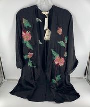 Entro Solid Silk-like Black Satin Floral Embroidered Kimono Cardigan SML