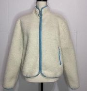 Ivory Ella Size Small Full Zip Faux Sherpa Jacket Ivory with Teal Trim NEW