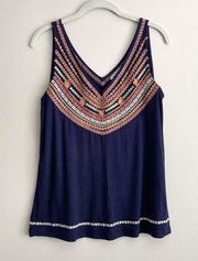 THML Anthropologie Sleeveless Top Blue Embroidered V Neck Tank Top  Size Small