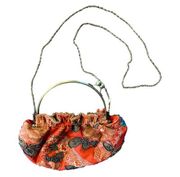 Vintage Beaded Floral Ruffle Brass Handle Clutch Chain Bag Red Gold