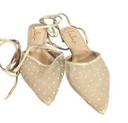 Lulus Blush Pink Sheer Dotted Pointed Toe Lace Up Flat Mules Women Sz 7.5