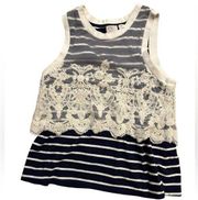 Anthropologie  Stripped Tank Top with Lace Overlay Navy White