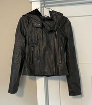 Faux Leather Jacket with Hood